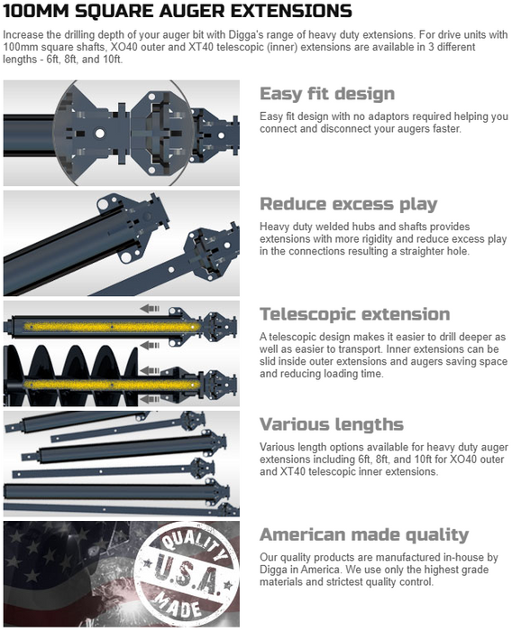 Digga Drive Auger Extensions – 100mm Square, Up to 10ft