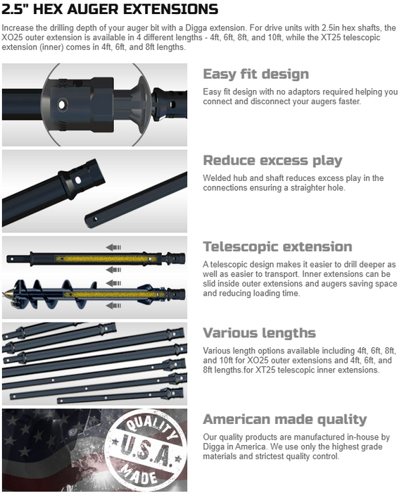 Digga X025 Auger Outer Extension – 2.5" Hex, Up to 8ft